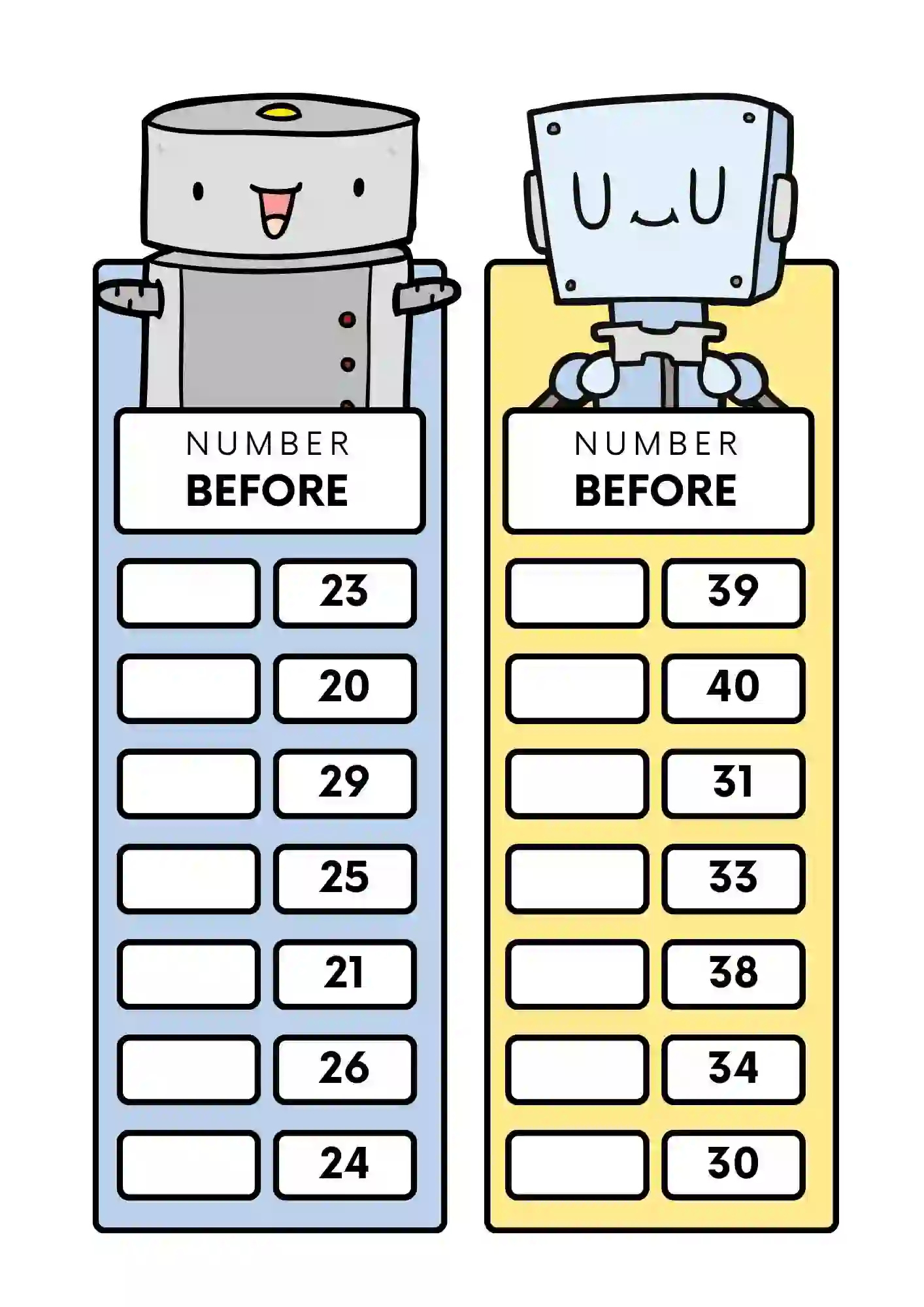 Number Before and After Worksheets (NUMBER 20 TO 40)