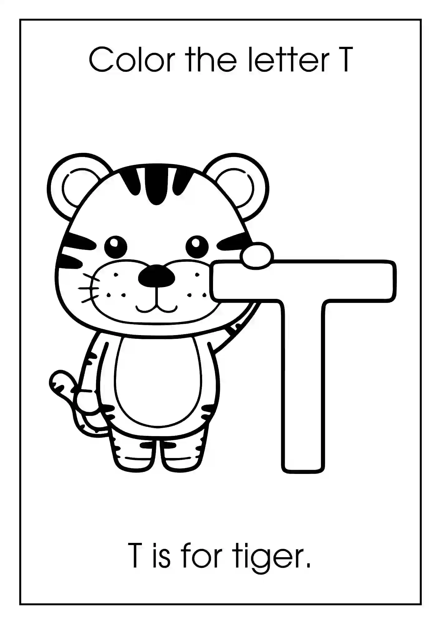 Animal Alphabet Coloring Worksheets For Kindergarten (Letter t with tiger)