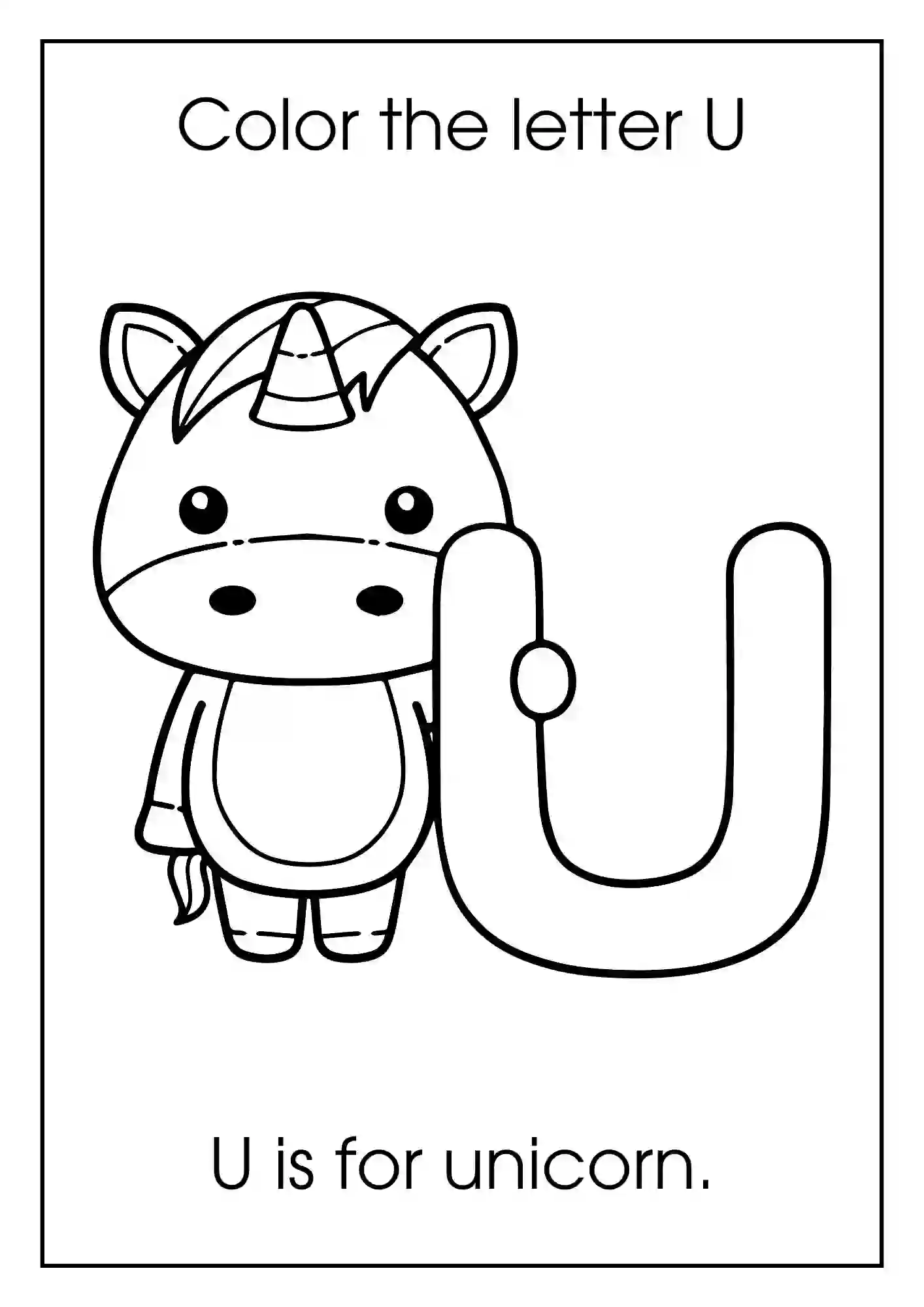 Animal Alphabet Coloring Worksheets For Kindergarten (Letter u with unicorn)