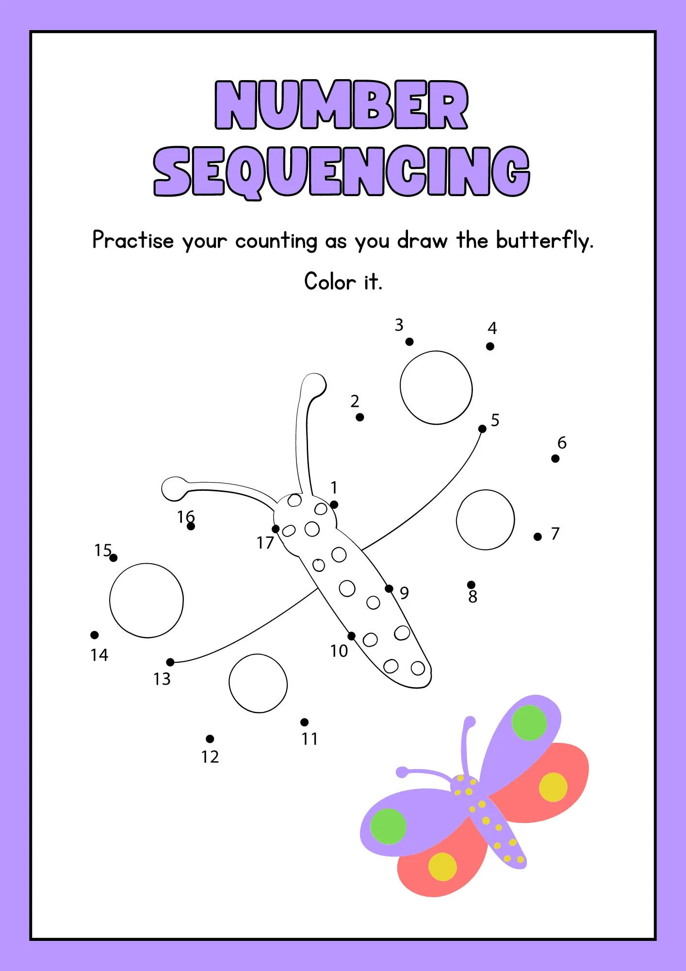 Number Sequencing Activity Worksheet trace and color the (butterfly)