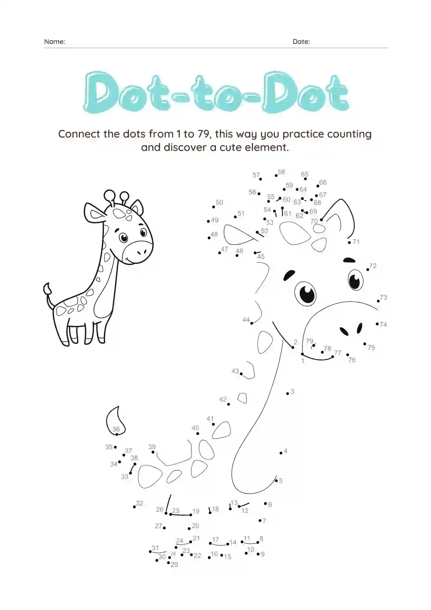 Dot-to-Dot Worksheets For Kindergarten (giraffe Dot connecting worksheet)