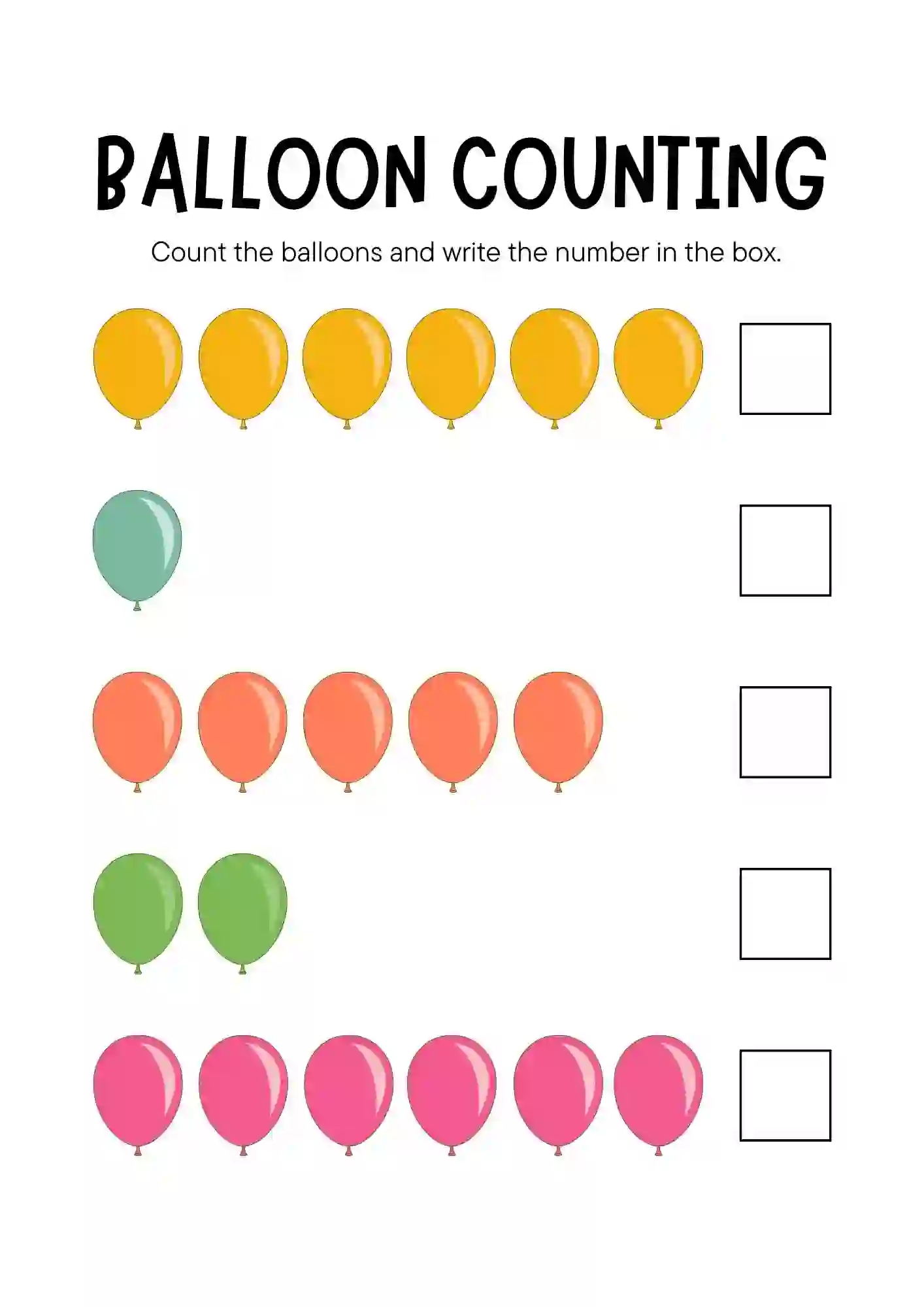 Balloon Counting Worksheets for Kindergarten and Nursery