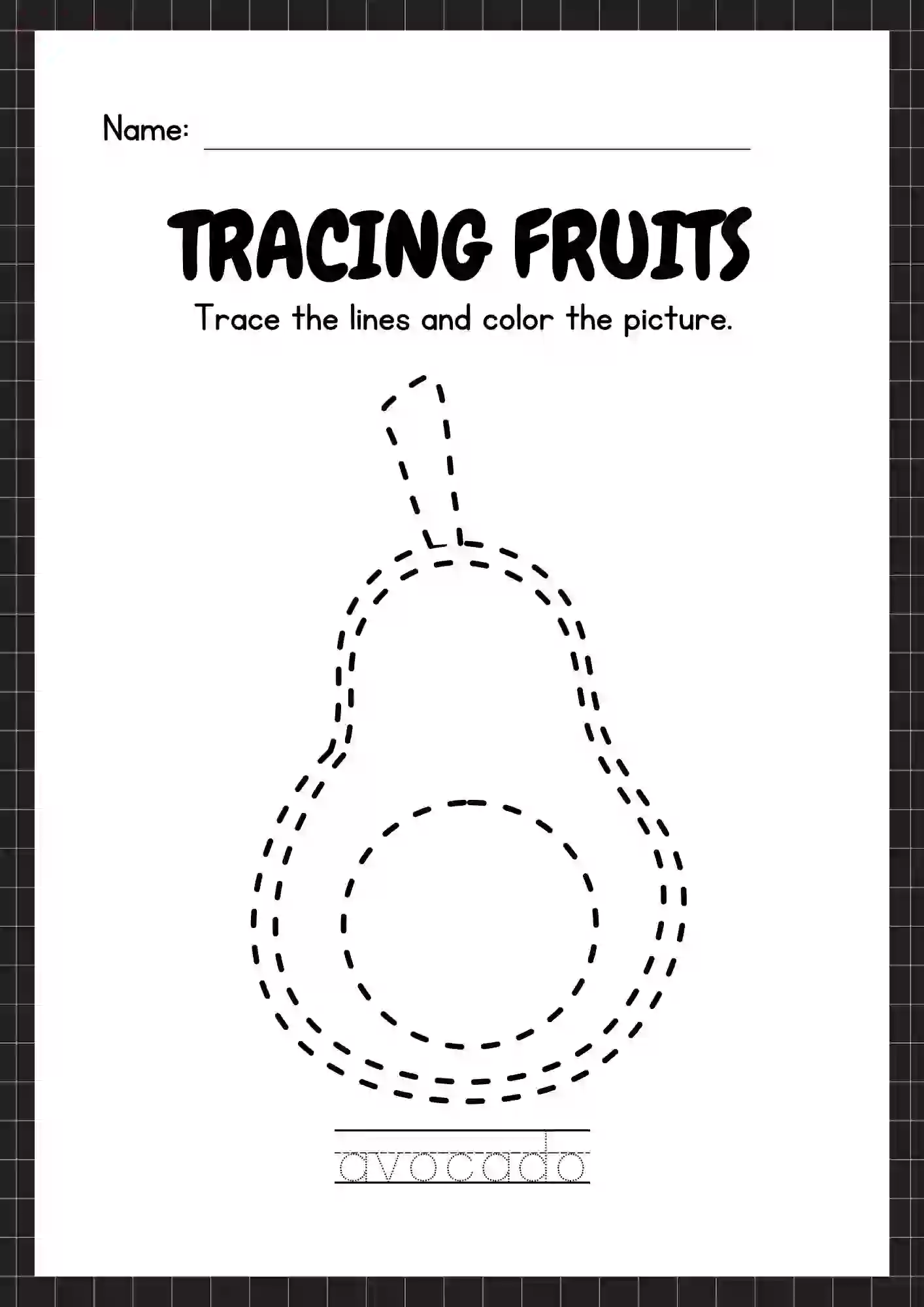 Tracing & Coloring Fruits Worksheets (avocado)