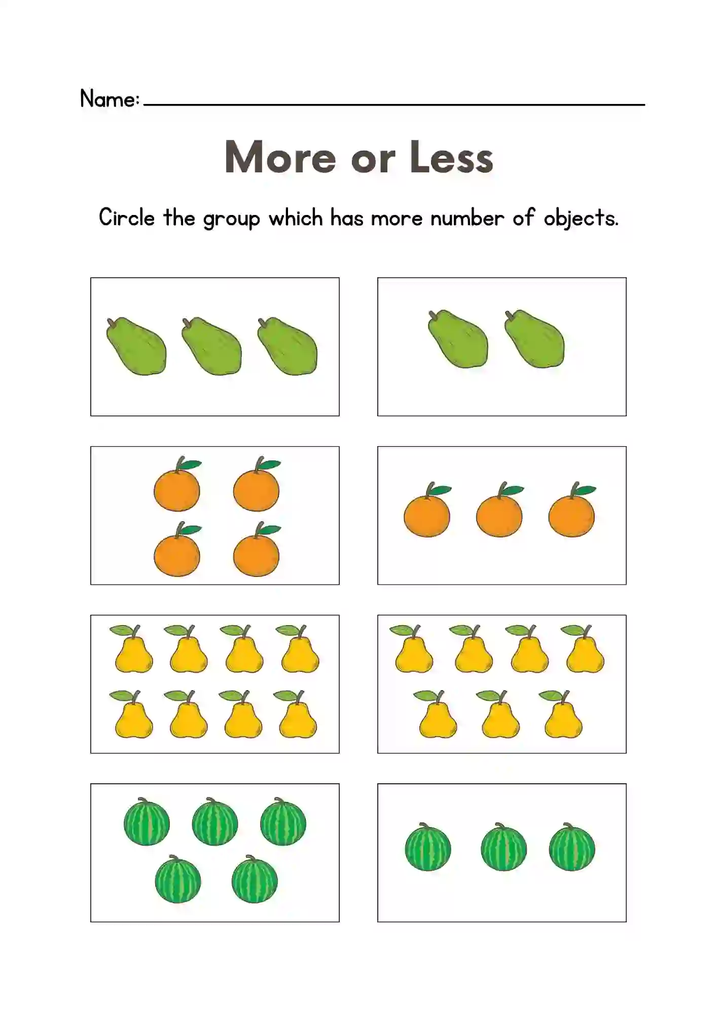 More Or Less Worksheets for Kindergarten