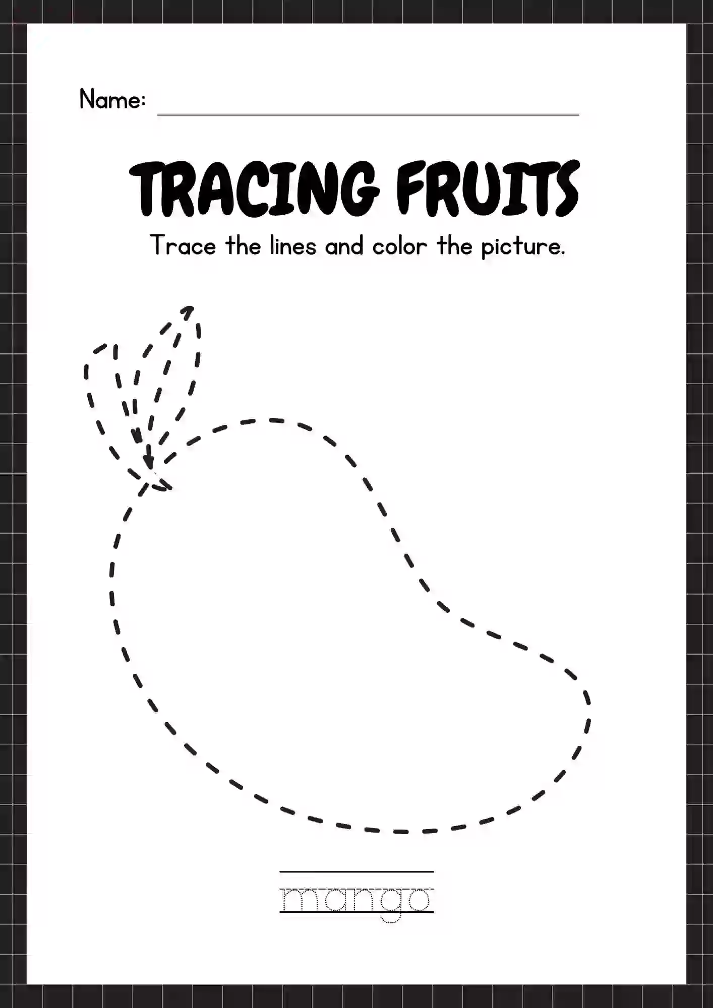 Tracing & Coloring Fruits Worksheets (mango)