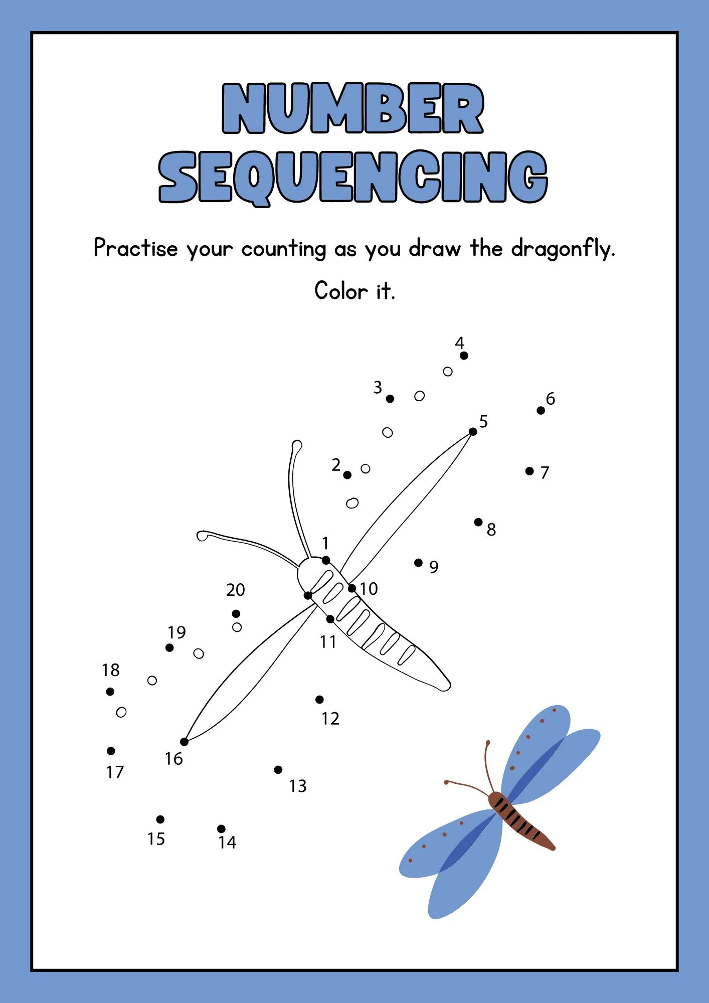 Number Sequencing Activity Worksheet trace and color the (dragon fly)