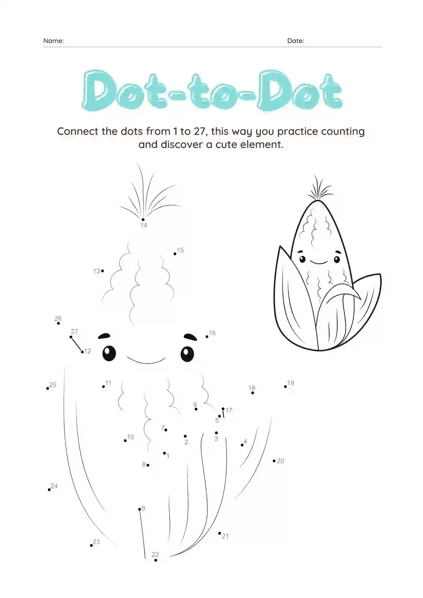 Dot-to-Dot Worksheets For Kindergarten (corn Dot connecting worksheet)