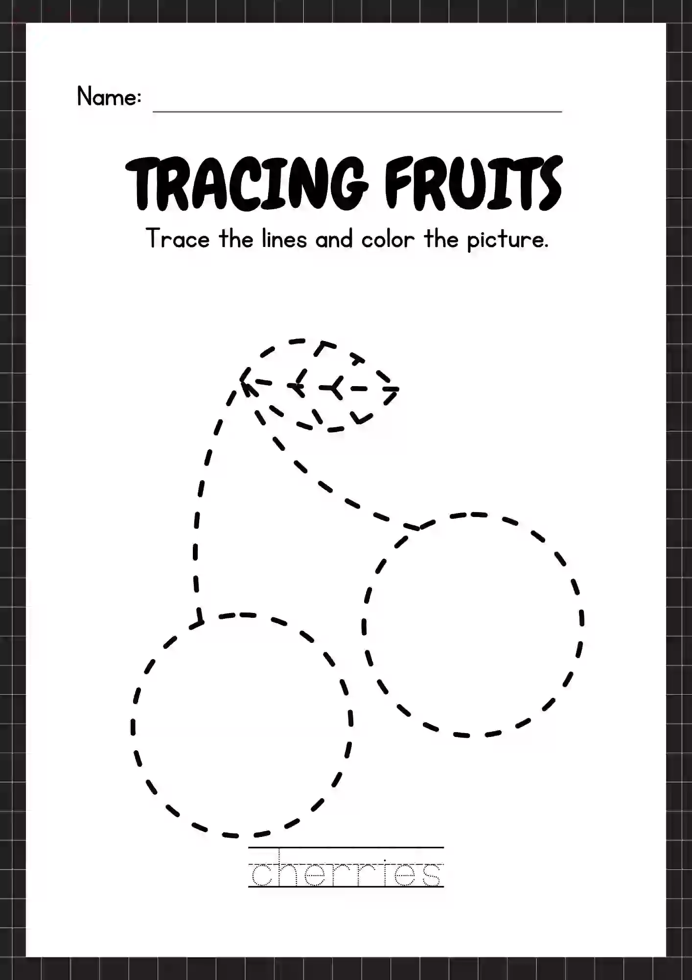 Tracing & Coloring Fruits Worksheets (cherry)