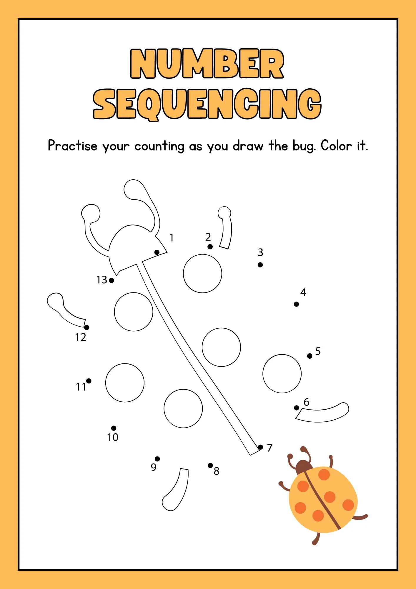 Number Sequencing Activity Worksheet trace and color the (bug)