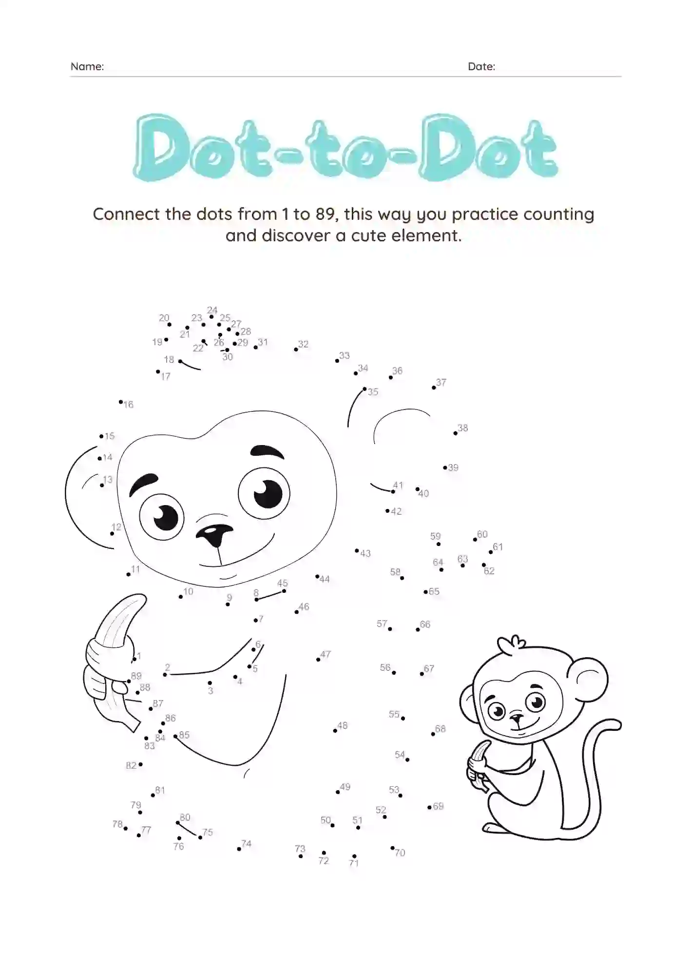 Dot-to-Dot Worksheets For Kindergarten (monkey Dot connecting worksheet)