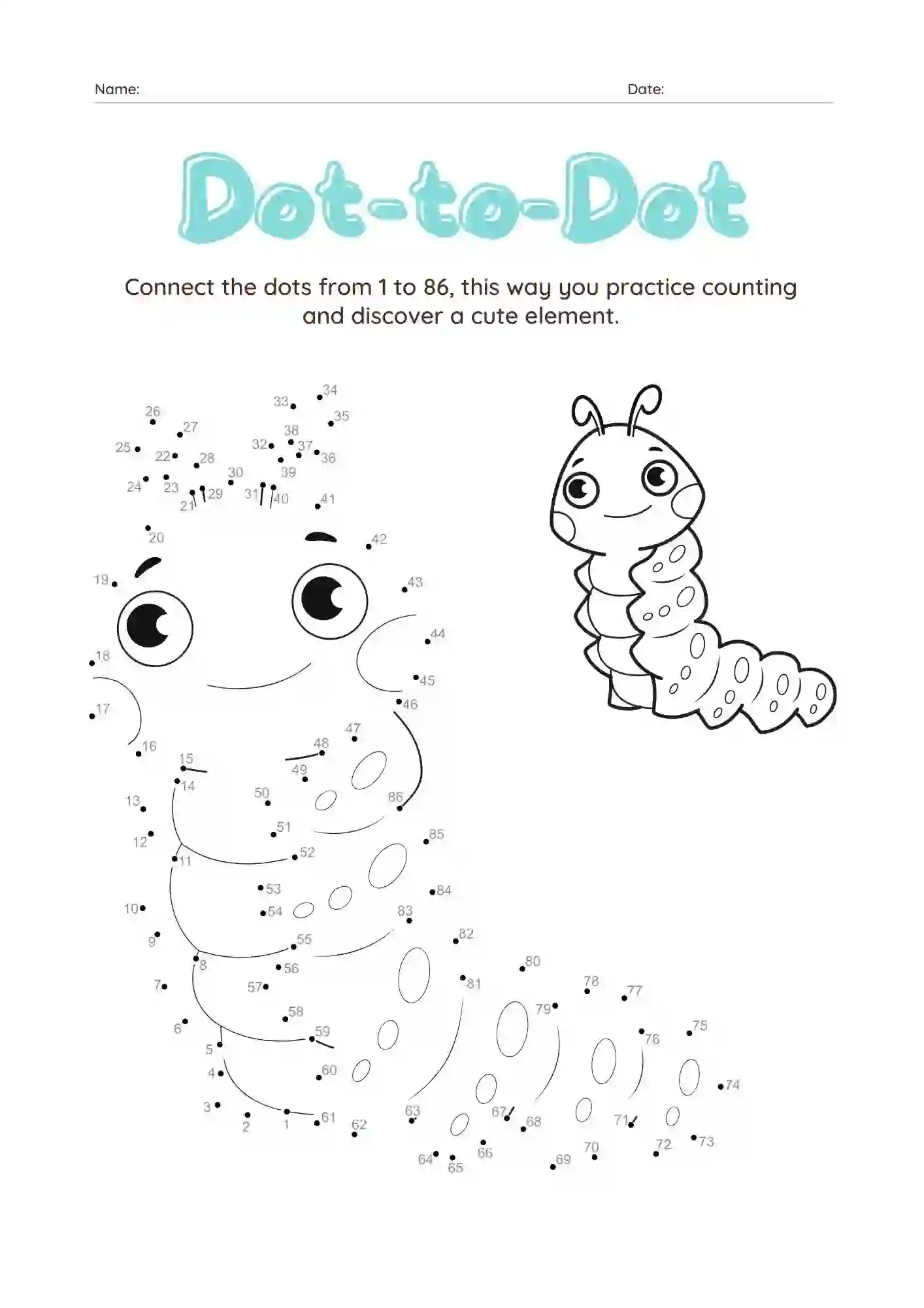 Dot-to-Dot Worksheets For Kindergarten (caterpillar Dot connecting worksheet)