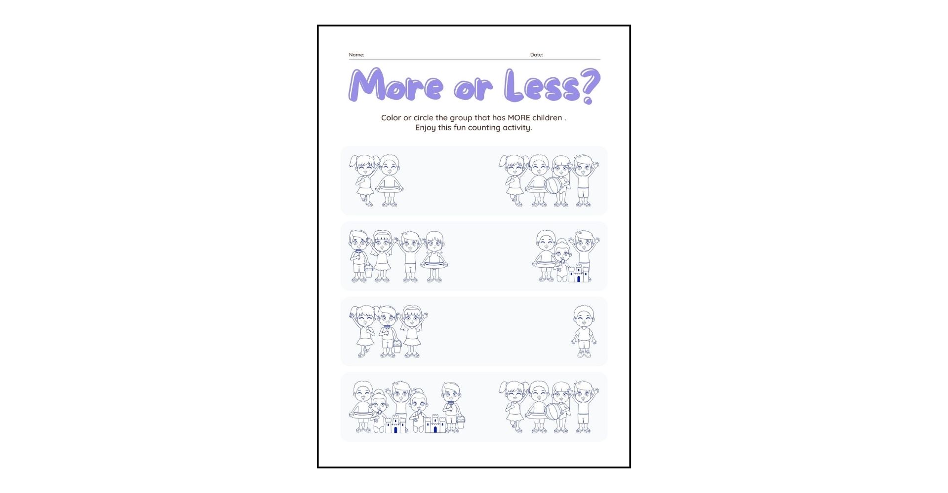 More or less Worksheets For kindergarten