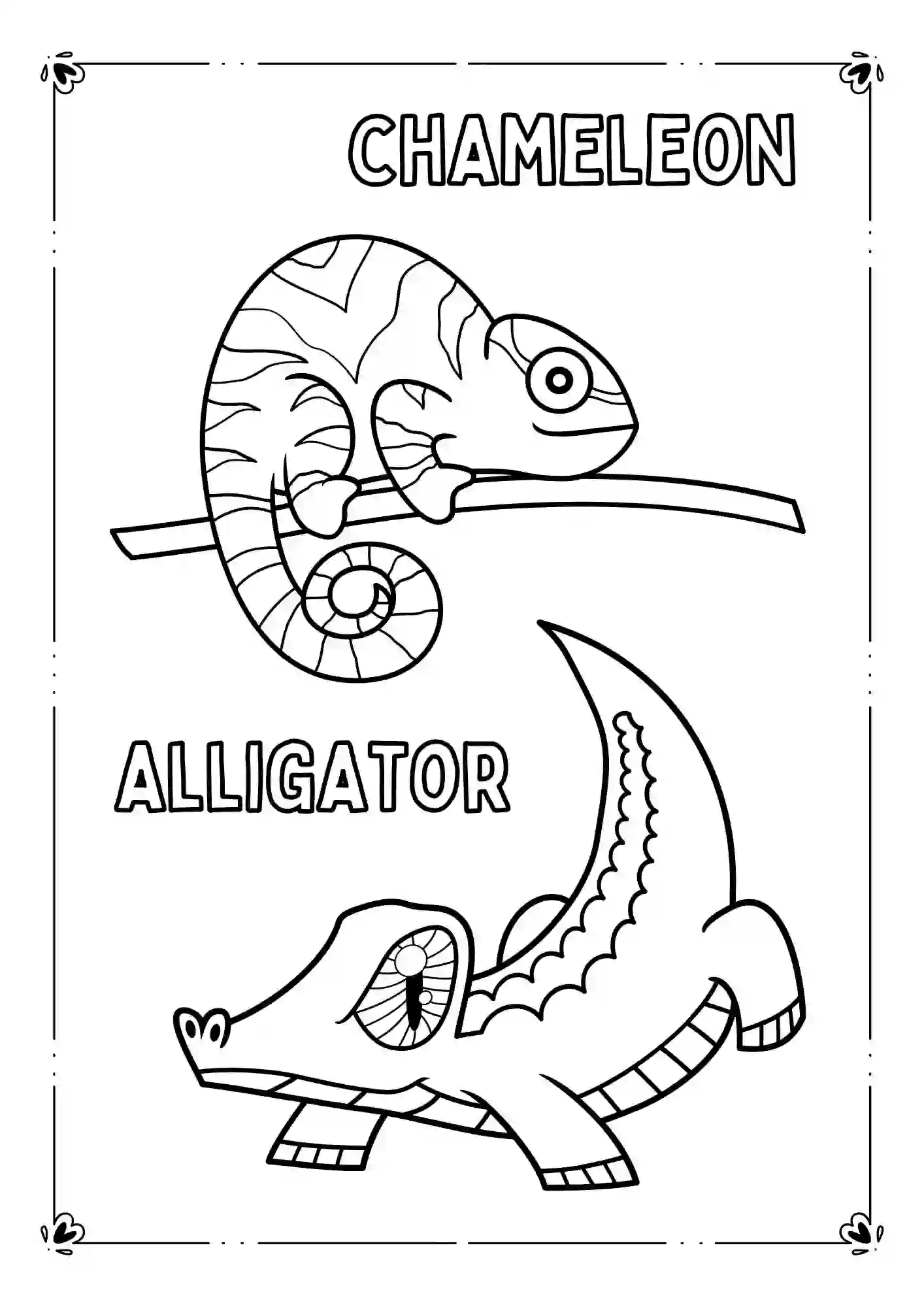 Wild Life Animals Coloring Worksheets (chameleon & alligator) 