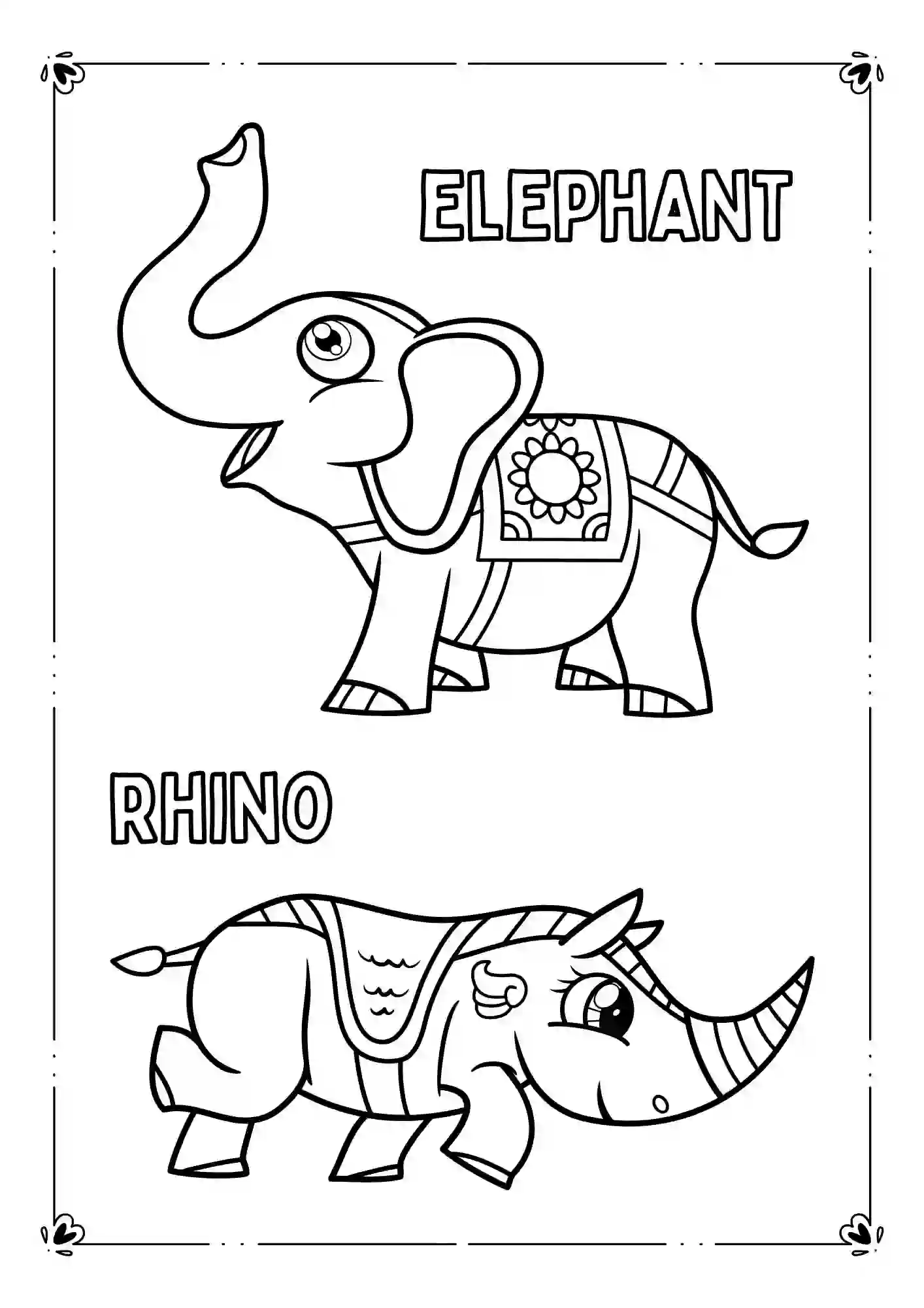 Wild Life Animals Coloring Worksheets (ELEPHANT & RHINO) 