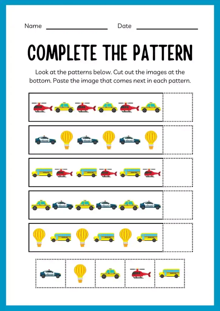 Transportation Worksheets for Kindergarten pattern worksheet