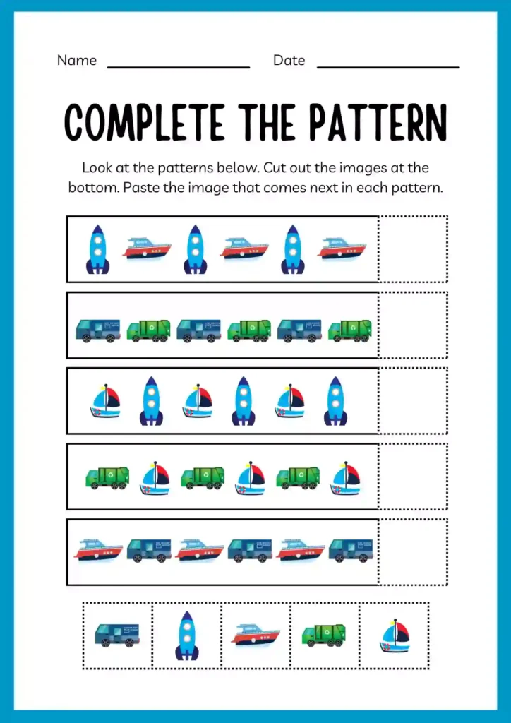 Transportation Worksheets for Kindergarten pattern worksheet