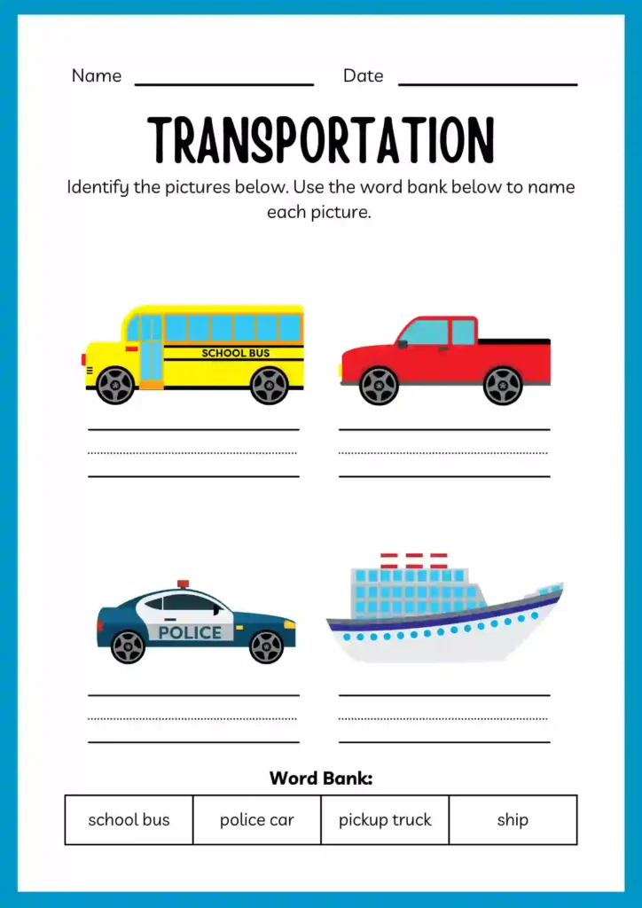 Transportation Worksheets for Kindergarten