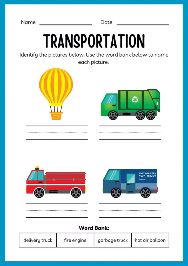 Transportation Worksheets for Kindergarten