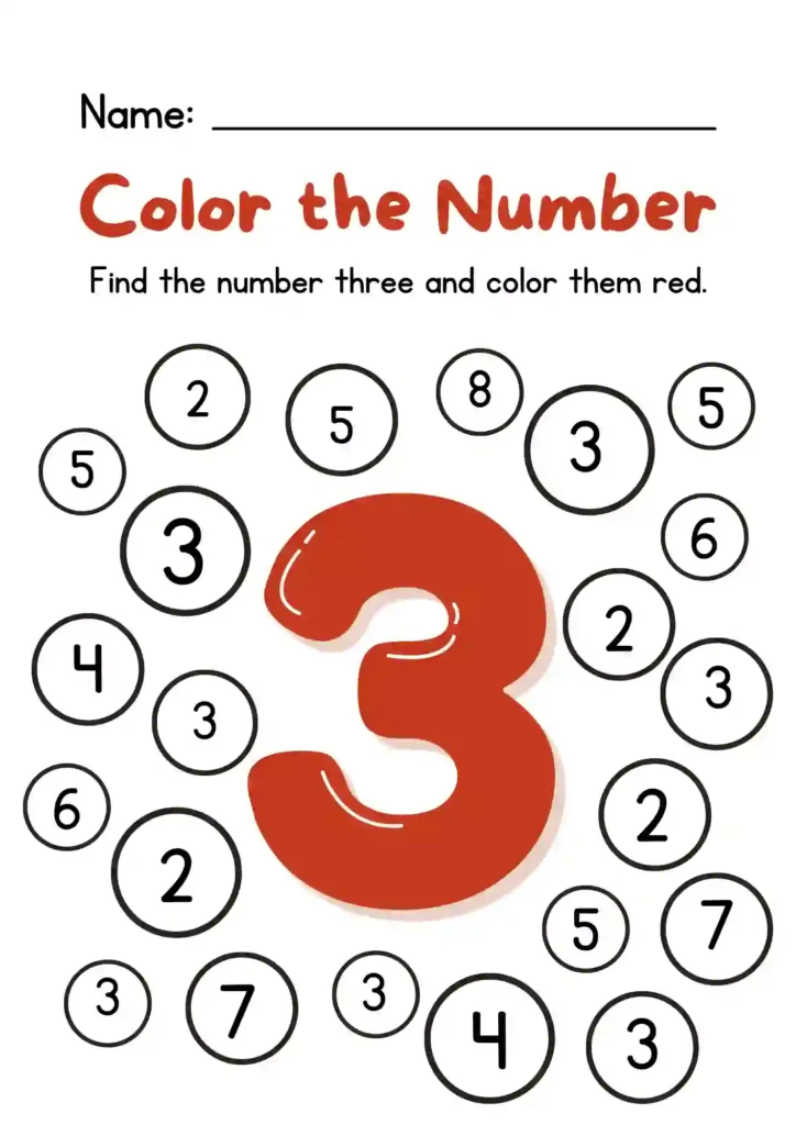 Color The Number 3 Worksheets For Kindergarten